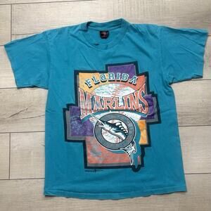 Vintage Florida Marlins T-Shirt 90s Graphic Teal Sport-Tek Sz M/L Baseball 90s
